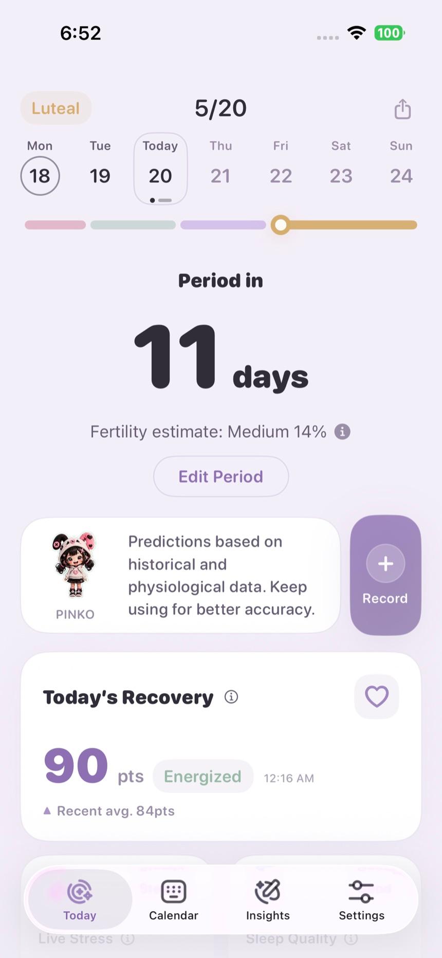 FlowHer iPhone home screen showing period countdown, Body State and recovery score
