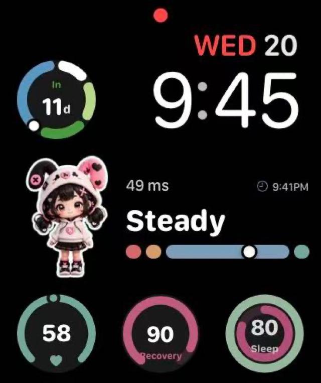 FlowHer Apple Watch face showing cycle countdown, stress, recovery and sleep signals