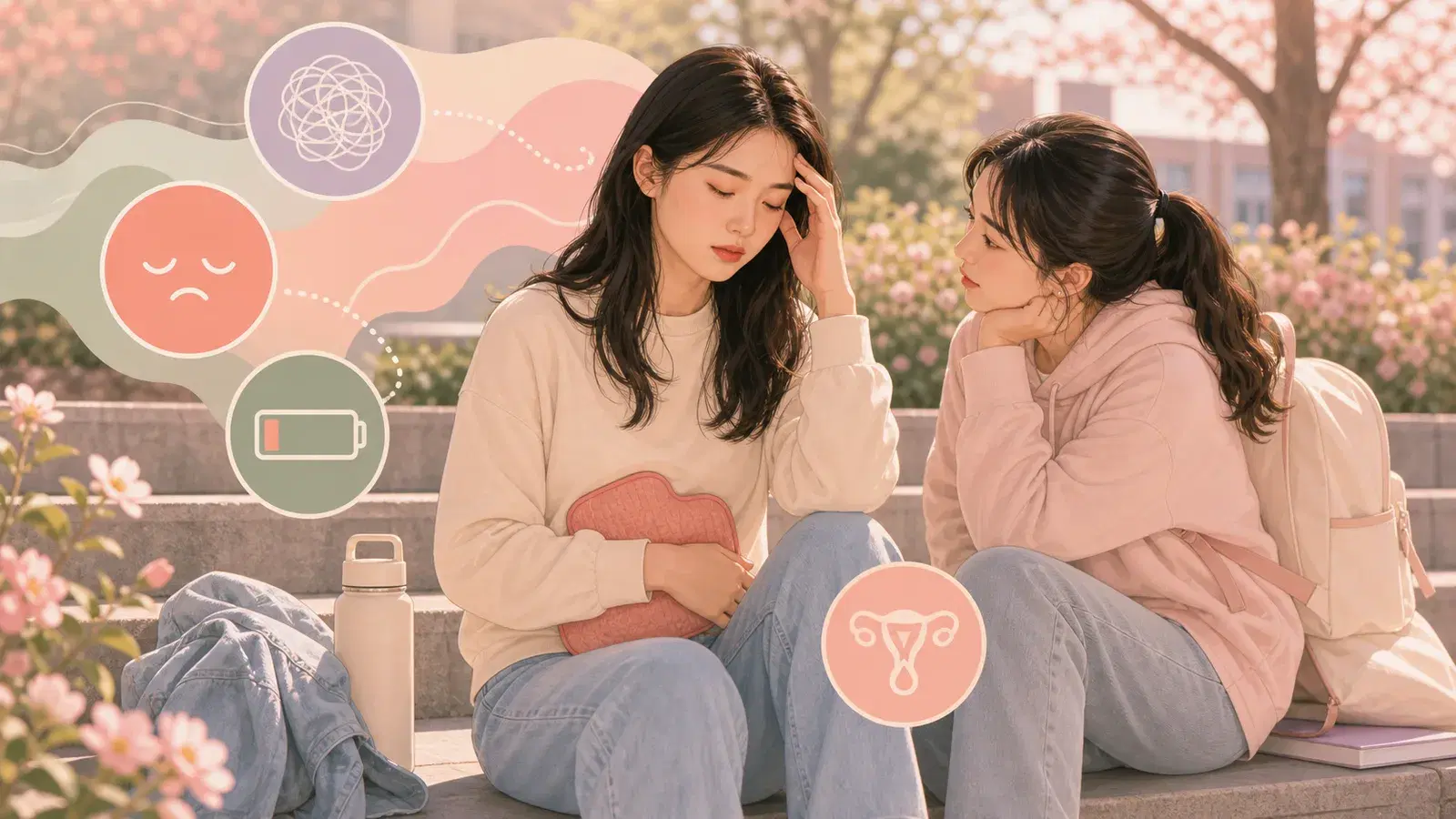 Two women recognizing a lower Body State signals in a campus garden