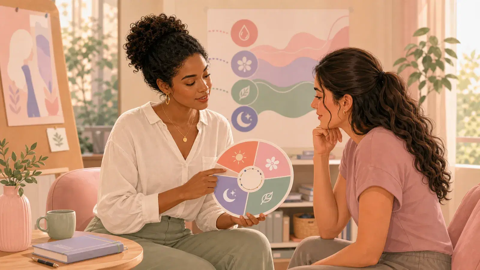 Two women learning the four menstrual cycle stages in a community studio
