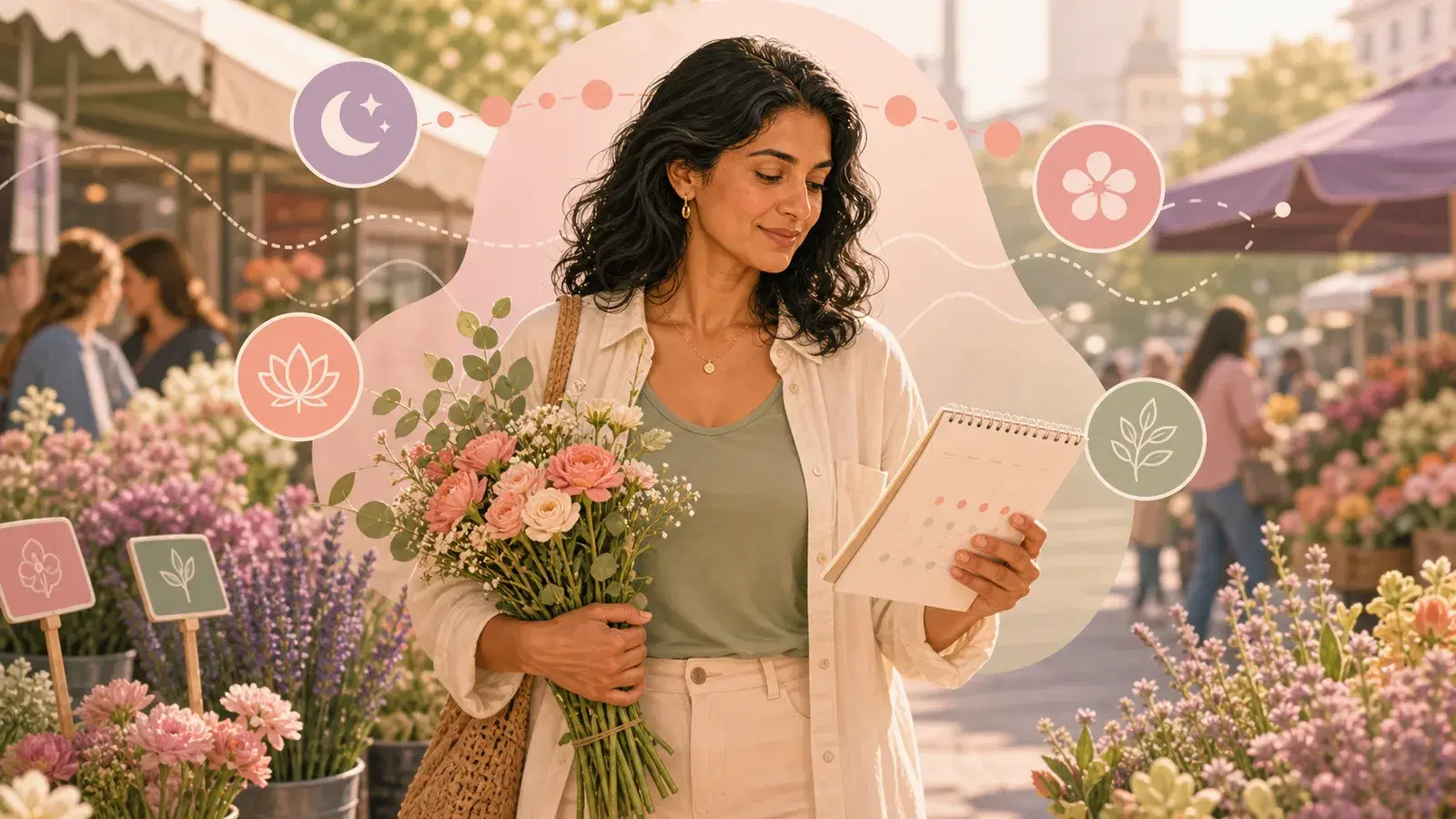 A woman reviewing cycle patterns at a flower market